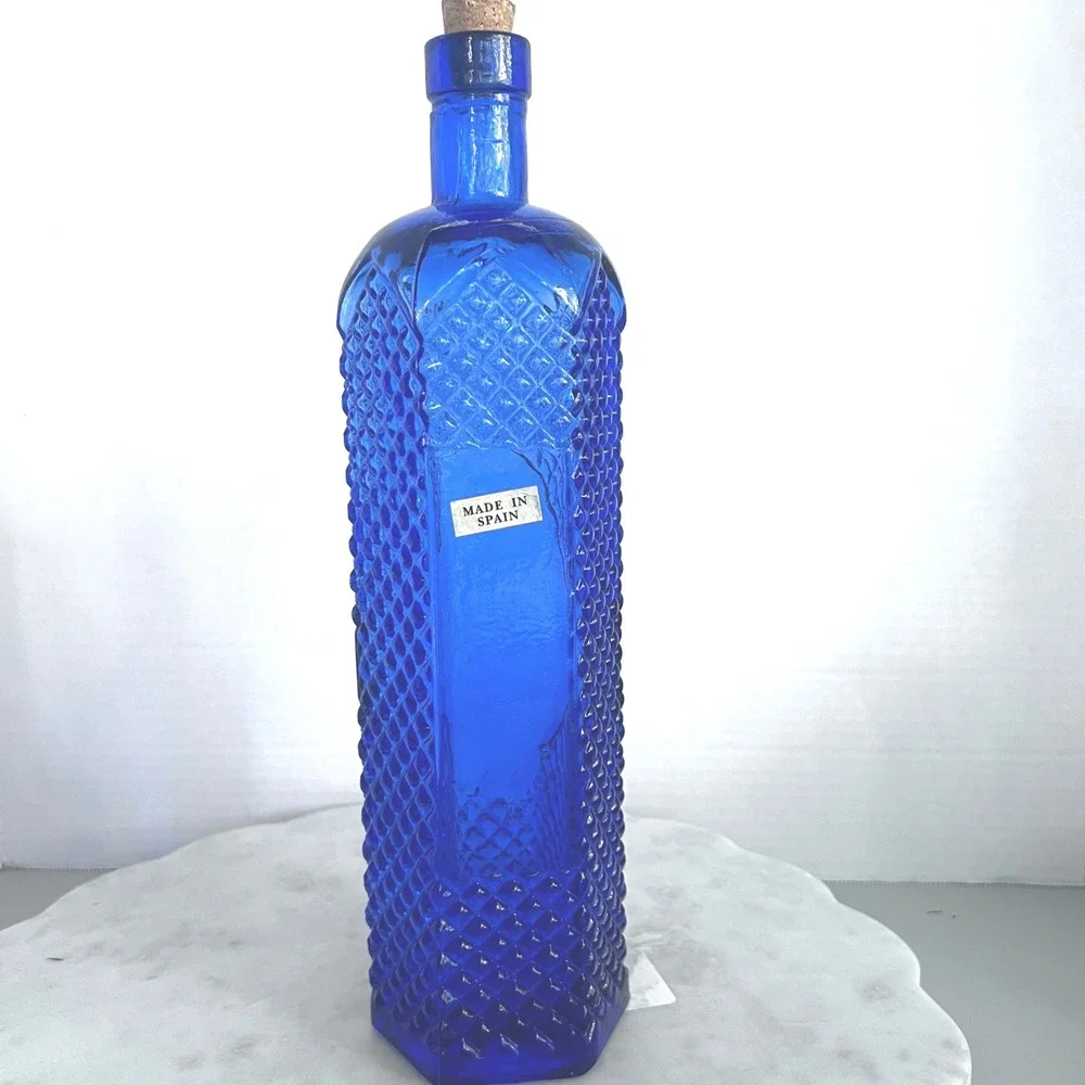Cobalt Blue Glass‎ Bottle Hexagon Shaped w Cork Spain Diamond Embossed 12X3.5